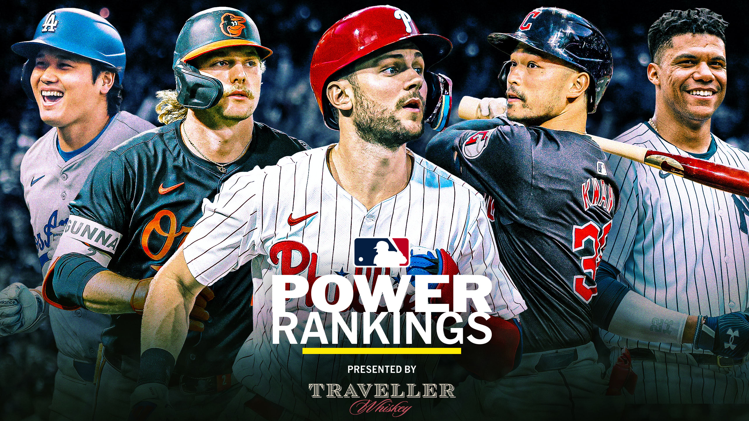 Shohei Ohtani, Gunnar Henderson, Trea Turner, Steven Kwan and Juan Soto with the Power Rankings logo