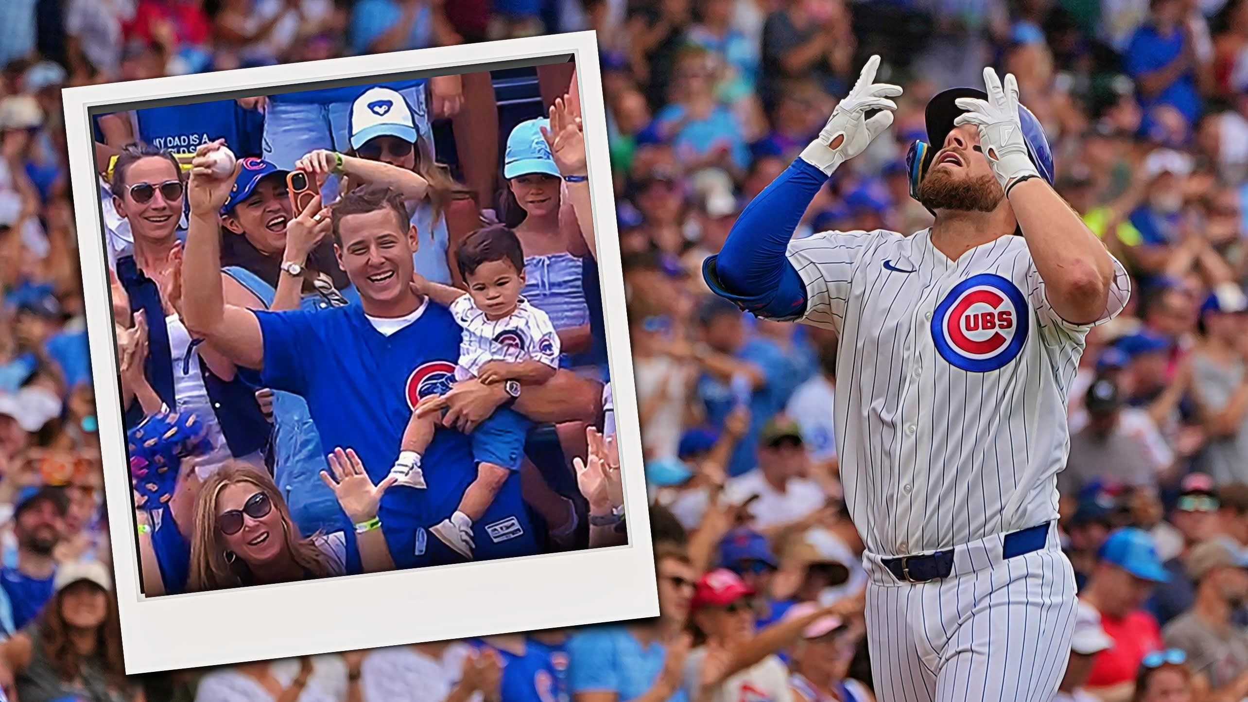 Images of Anthony Rizzo holding a Michael Busch home run ball and Busch celebrating