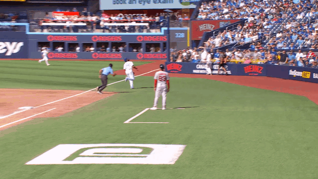 An animated gif of Vladimir Guerrero Jr. making an over-the-shoulder catch in foul territory and running into the wall
