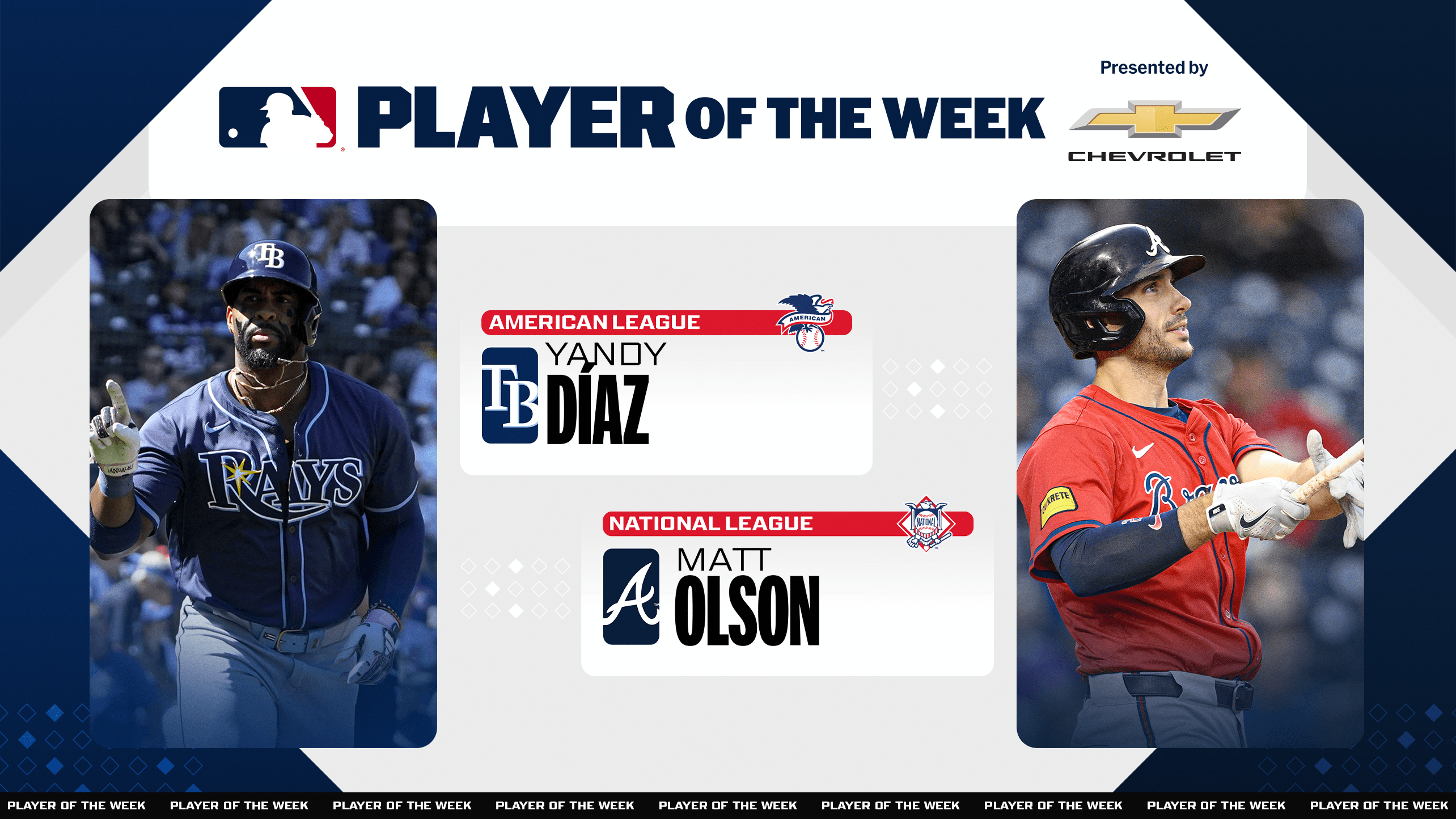 A Player of the Week graphic featuring images of Yandy Díaz and Matt Olson