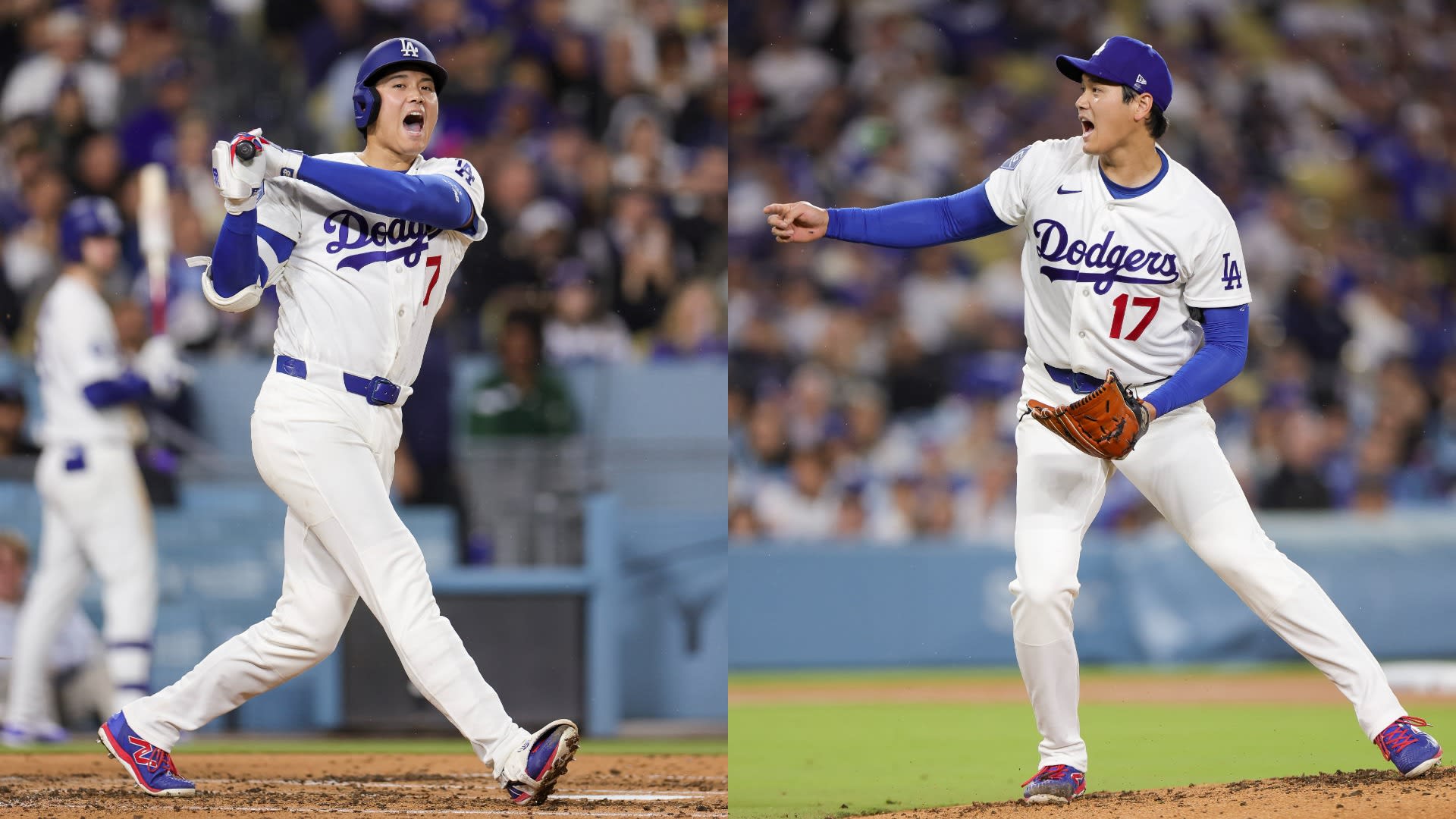 Shohei Ohtani hitting and pitching in his first two-way game of 2026