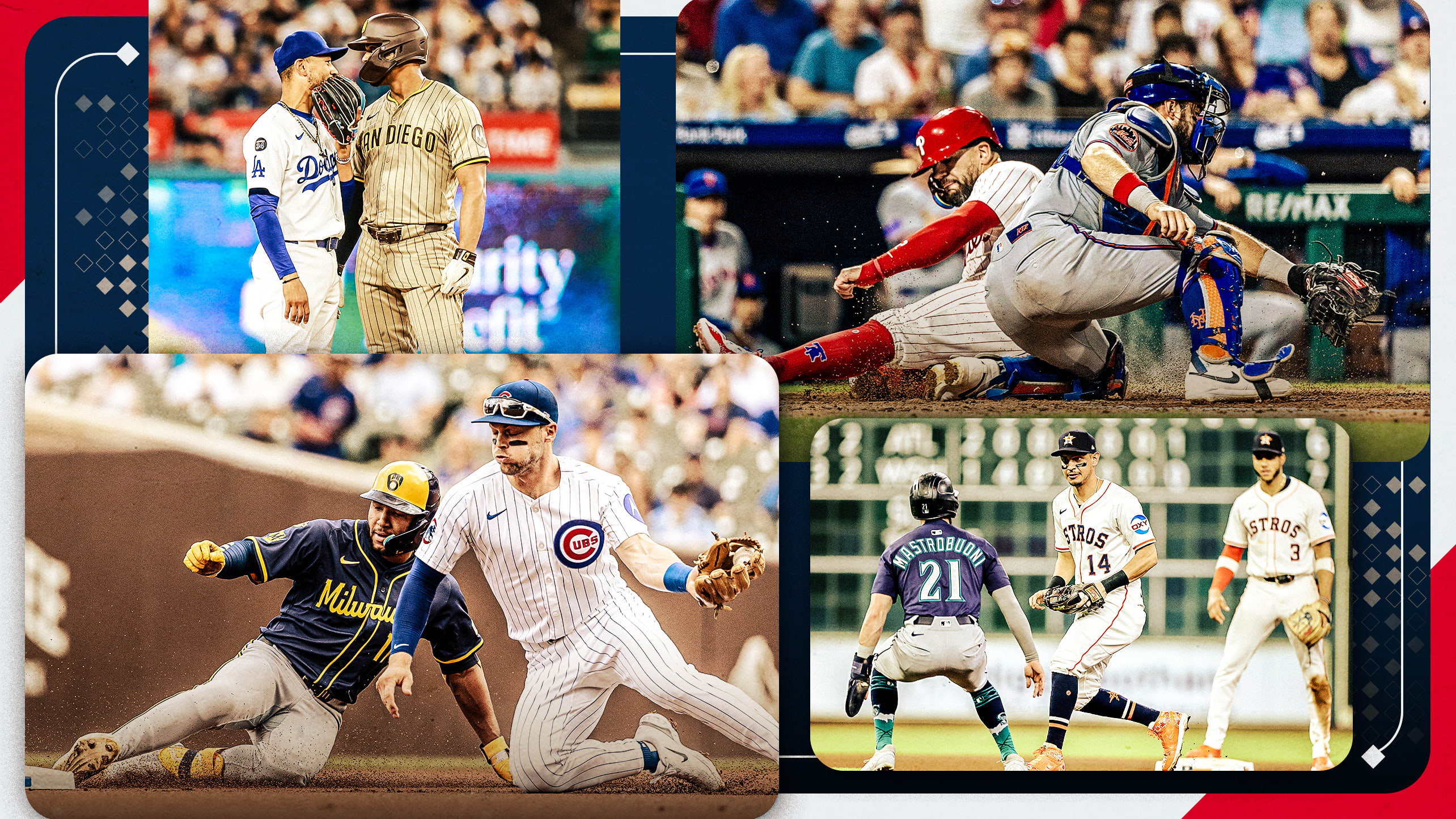 Images from four games featuring the Padres vs. Dodgers, Phillies vs. Mets, Brewers vs. Cubs and Mariners vs. Astros