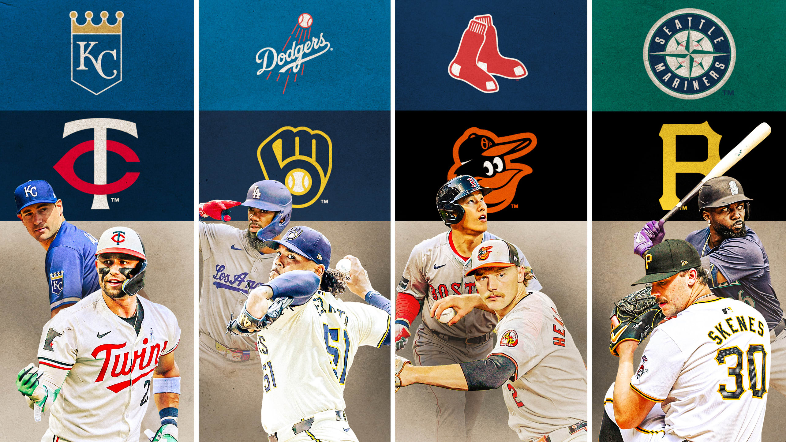 A photo collage featuring eight players and logos