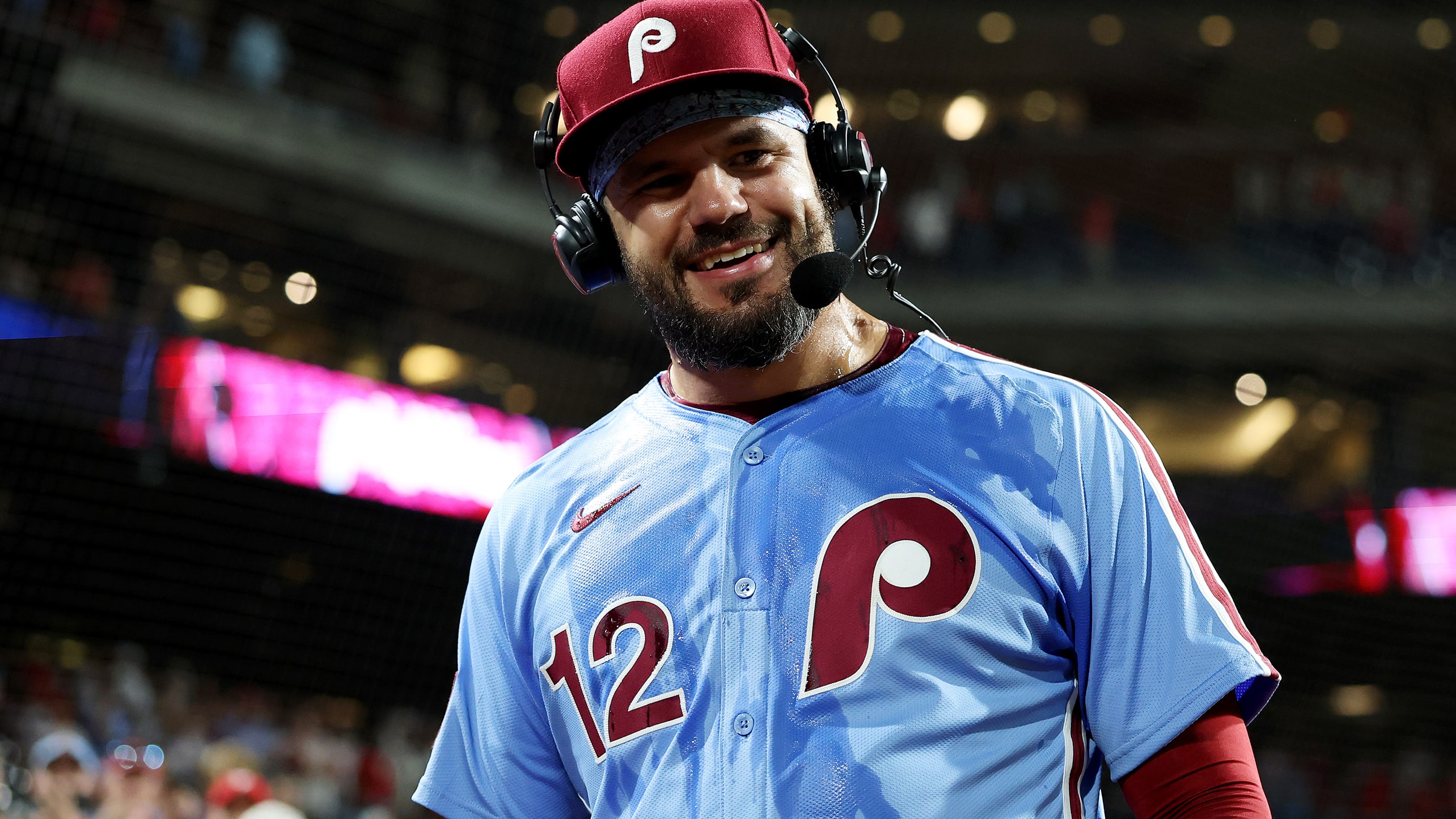 Kyle Schwarber smiles during a postgame interview