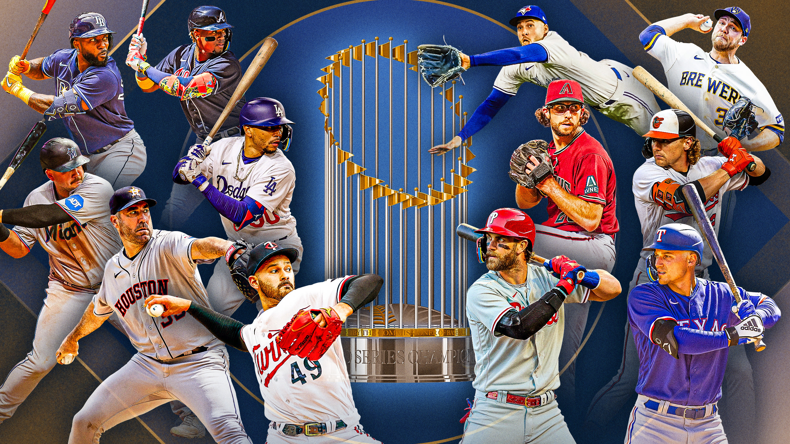 12 players participating in the 2023 postseason encircle the Commissioner's Trophy