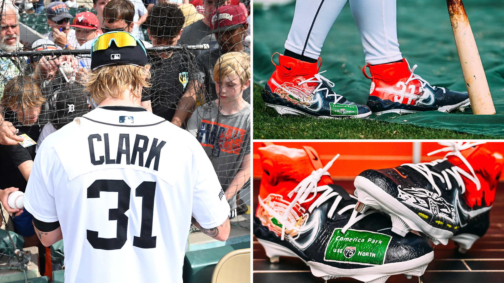 A split photo of Tigers prospect Max Clark and his custom cleats