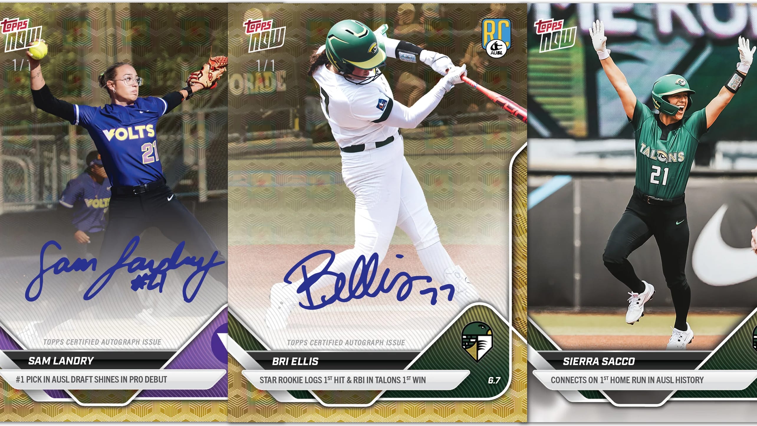 Images of three AUSL Topps cards