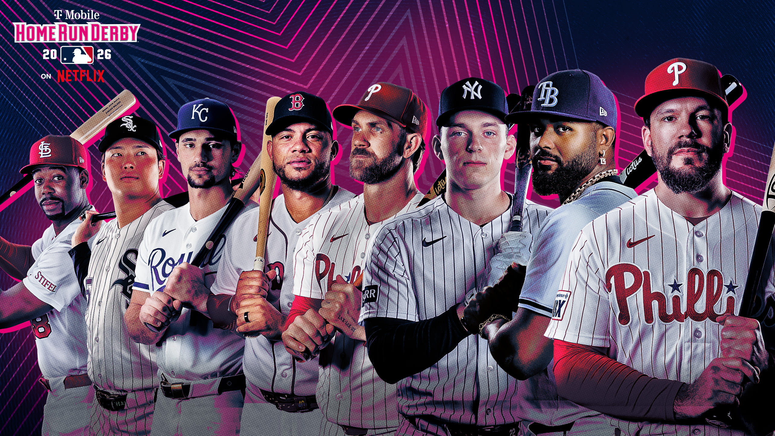 The eight Home Run Derby sluggers: Jordan Walker, Munetaka Murakami, Jac Caglianone, Willson Contreras, Bryce Harper, Ben Rice, Junior Caminero and Kyle Schwarber