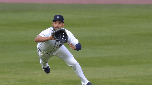 An animated gif of Riley Greene making a diving catch