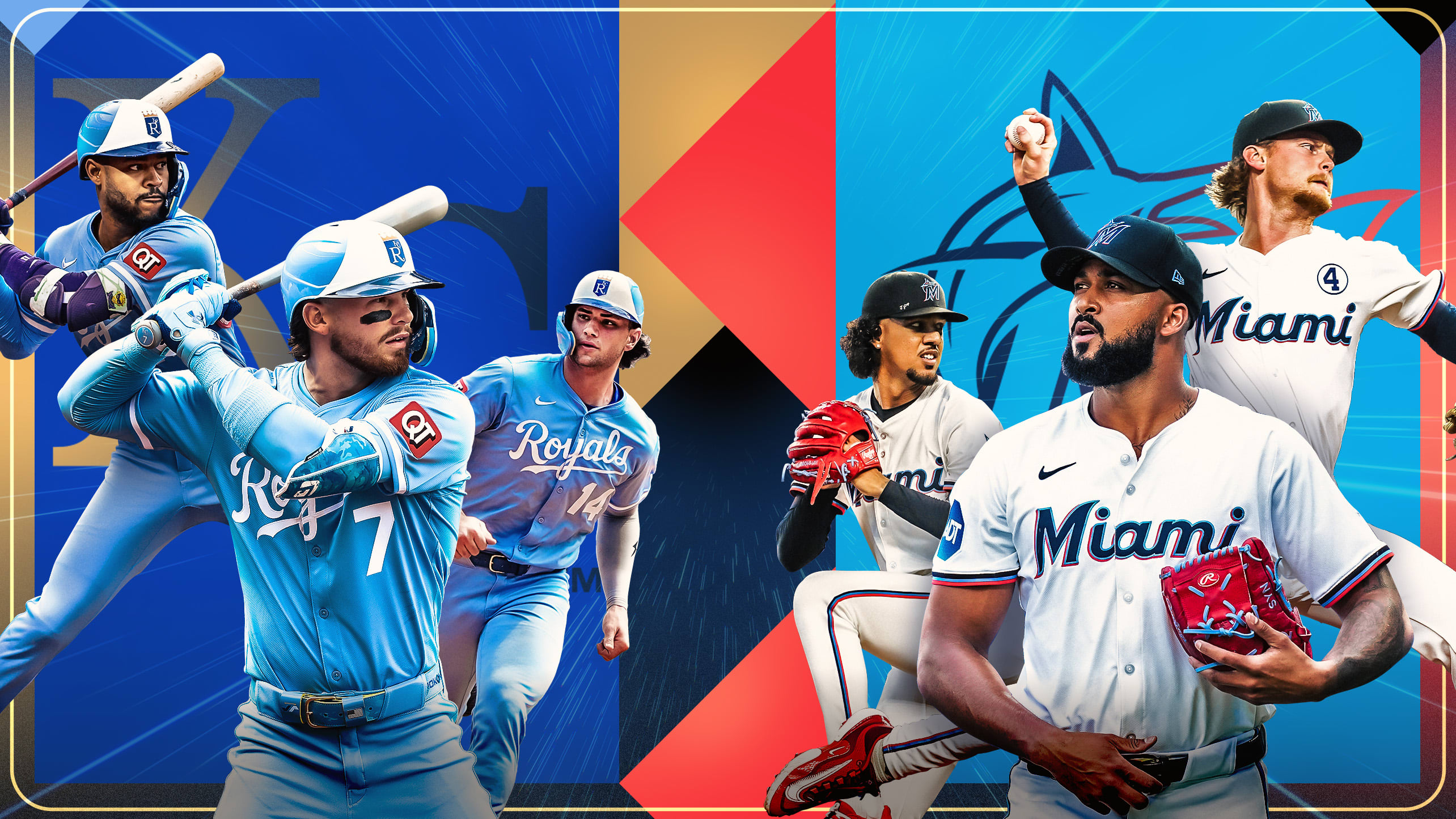 Maikel Garcia, Bobby Witt Jr. and Jac Caglianone of the Royals, and Eury Pérez, Sandy Alcantara and Max Meyer of the Marlins