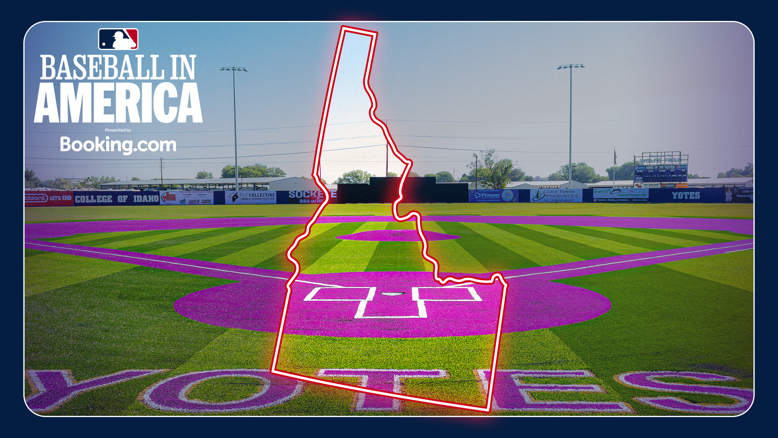 A baseball field in Idaho with purple turf for the baselines