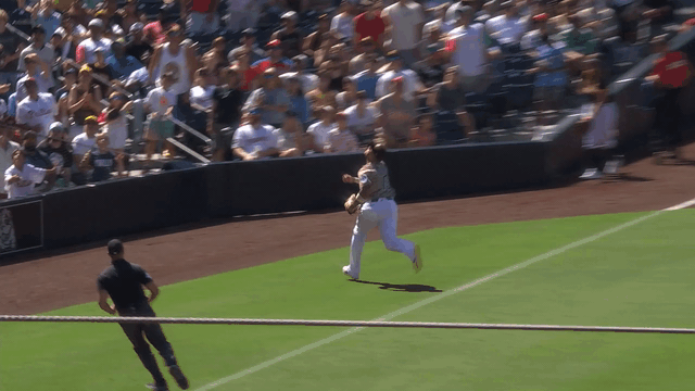 An animated gif of Manny Machado making a sliding catch in foul territory