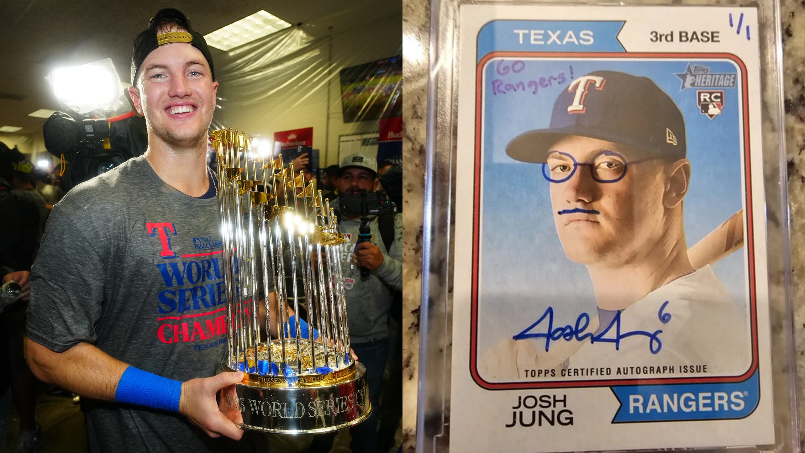 A split photo of Josh Jung holding the World Series trophy and a baseball card he drew on and autographed