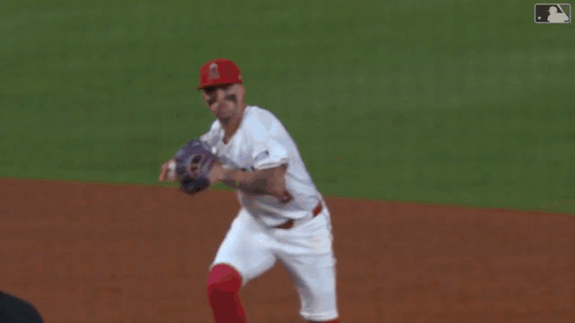 An animated gif of Zach Neto and Nolan Schanuel completing a triple play