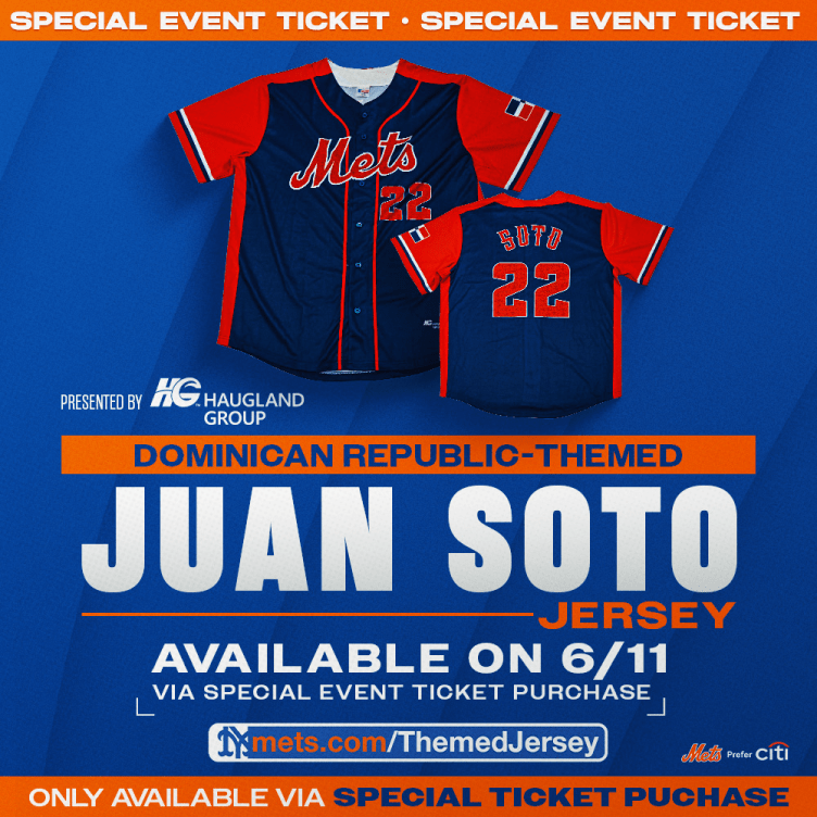 Ticket package includes limited-edition Juan Soto jersey.  Only available at mets.com/themedjersey