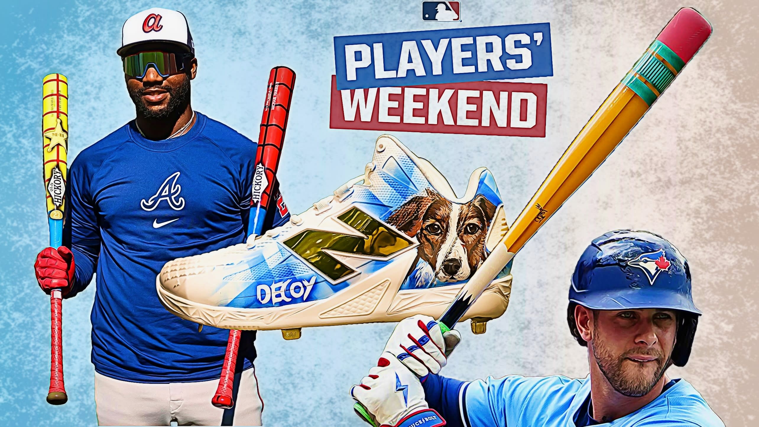 Photos of two players holding custom bats and a cleat featuring a dog