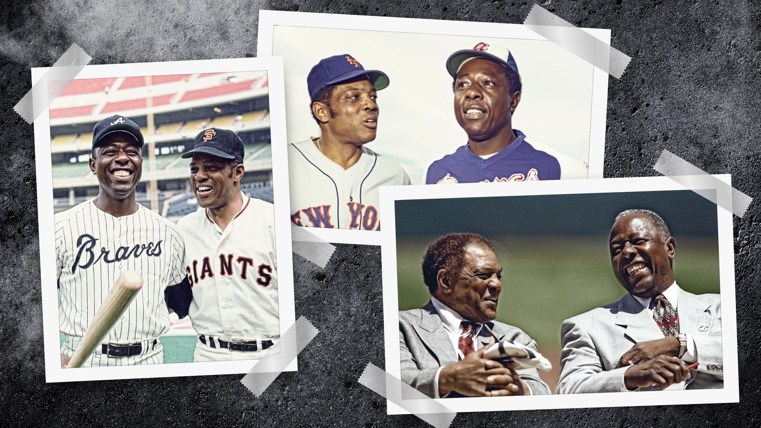 Three photos of Hank Aaron with Willie Mays