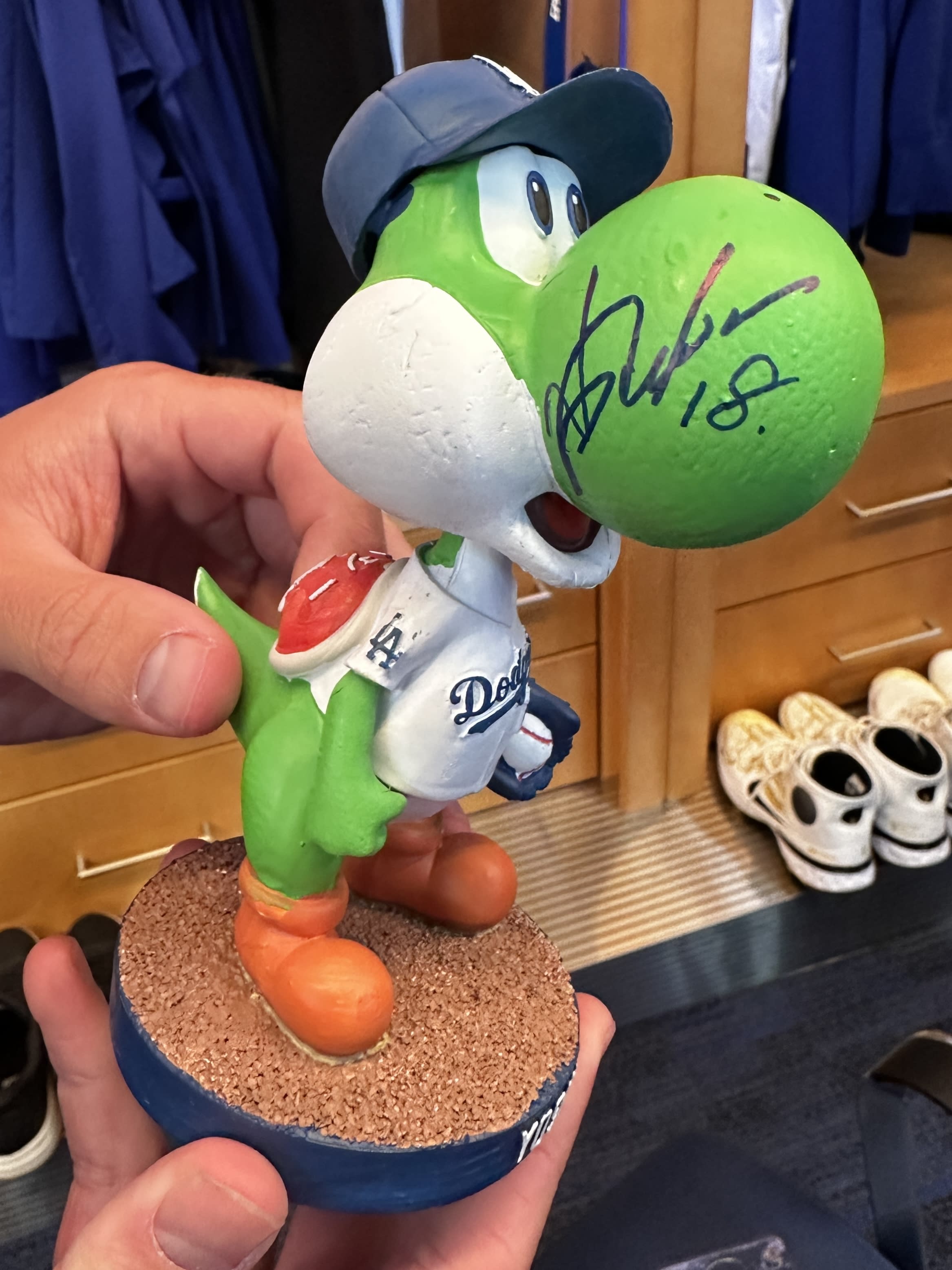Yoshi bobblehead autographed by Yoshinobu Yamamoto