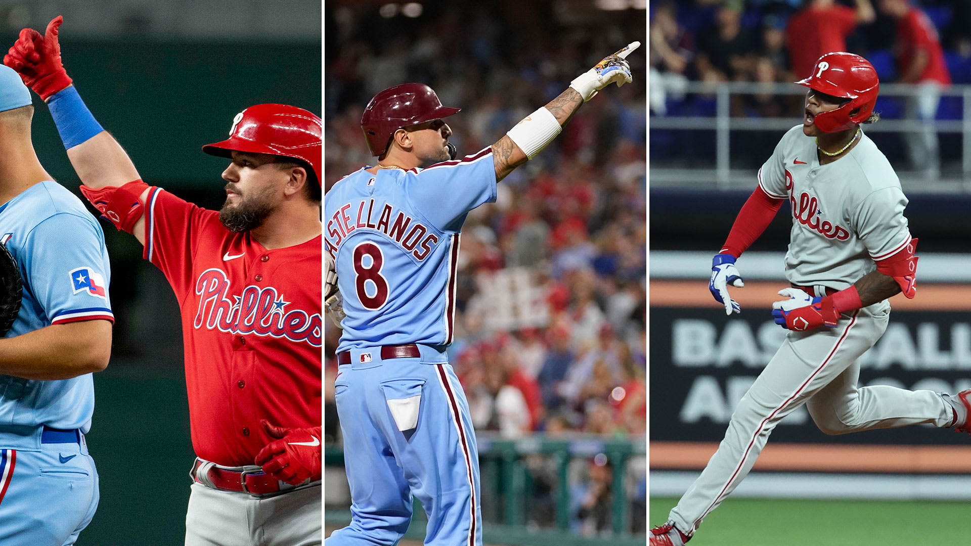 A split photo of three Phillies celebrating