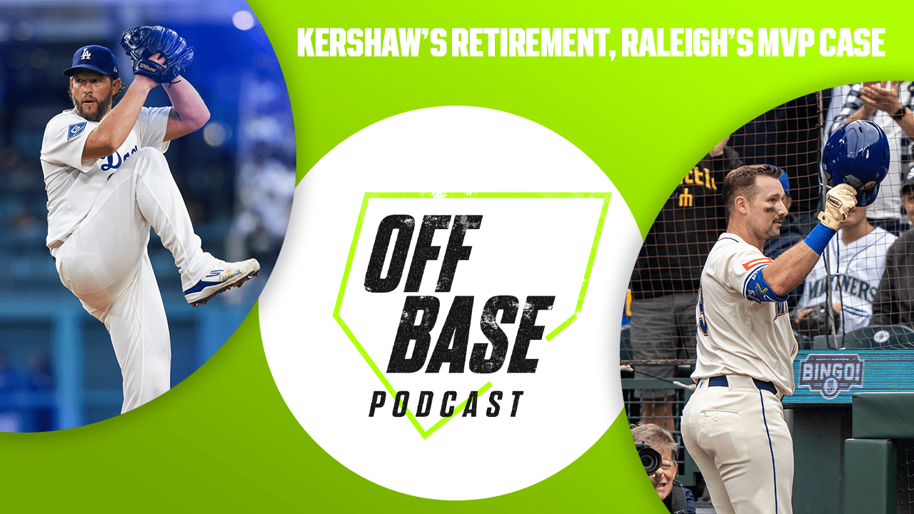 Images of Clayton Kershaw and Cal Raleigh with the logo for the Off Base Podcast