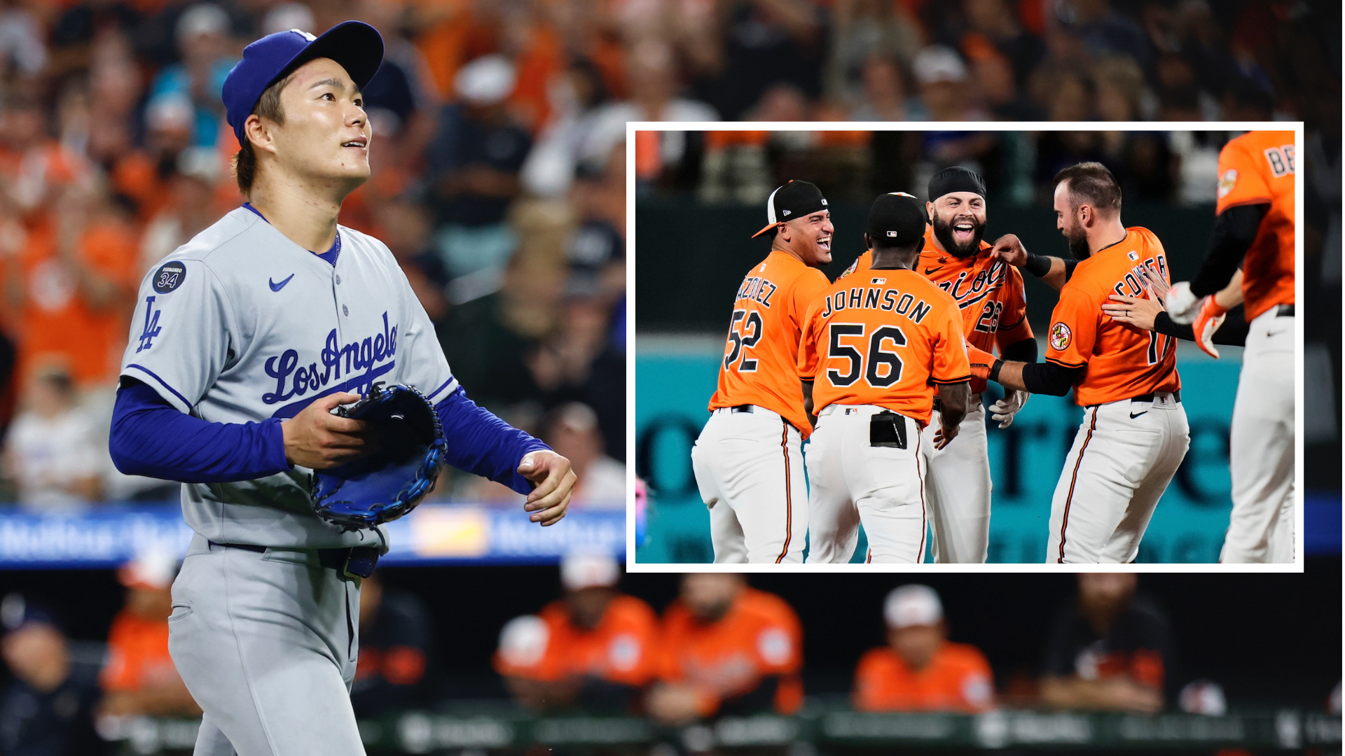 An image of Yoshinobu Yamamoto leaving the mound with an inset of the Orioles celebrating after winning the game
