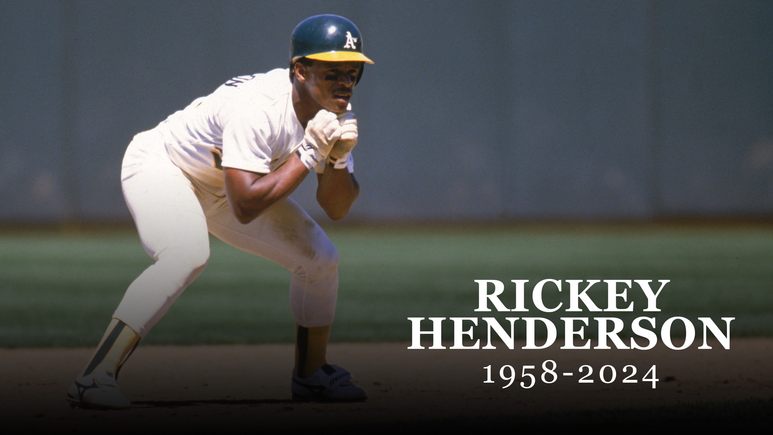 Rickey Henderson pictured on the bases with the year of his birth and death and name as text