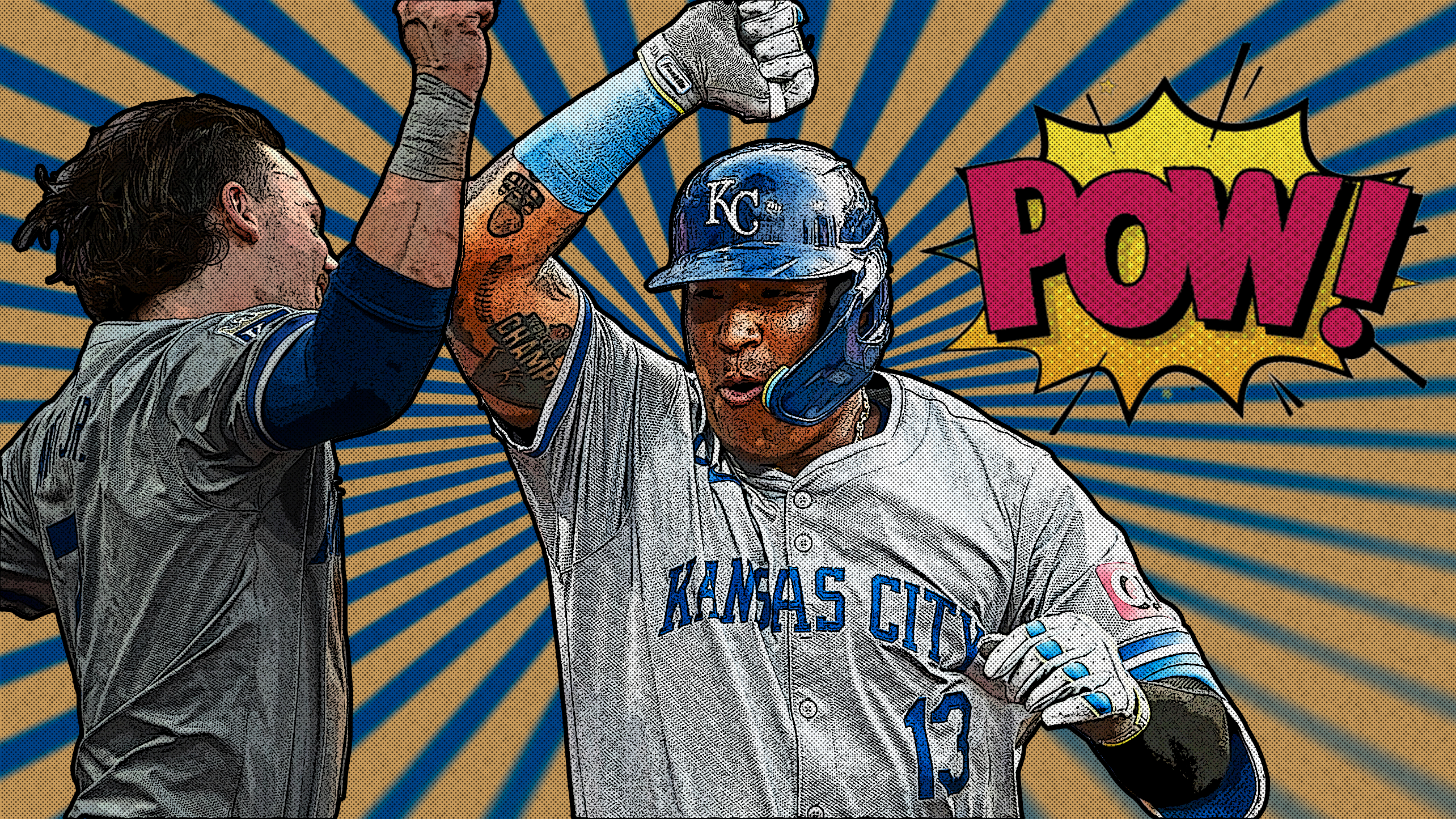 A comic-book-style photo illustration of Salvador Perez celebrating a home run with Bobby Witt Jr.