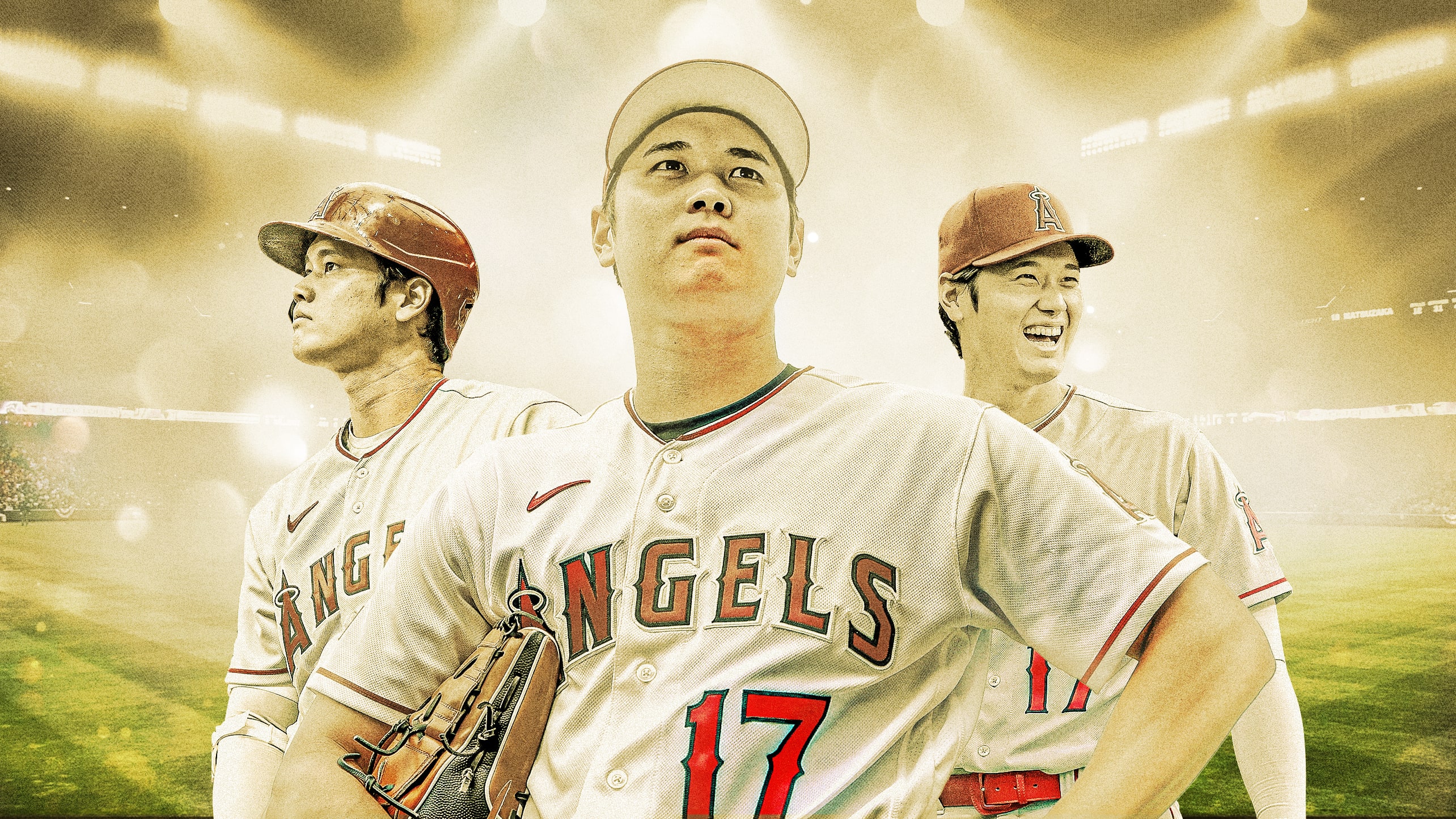 A photo illustration features three shots of Shohei Ohtani