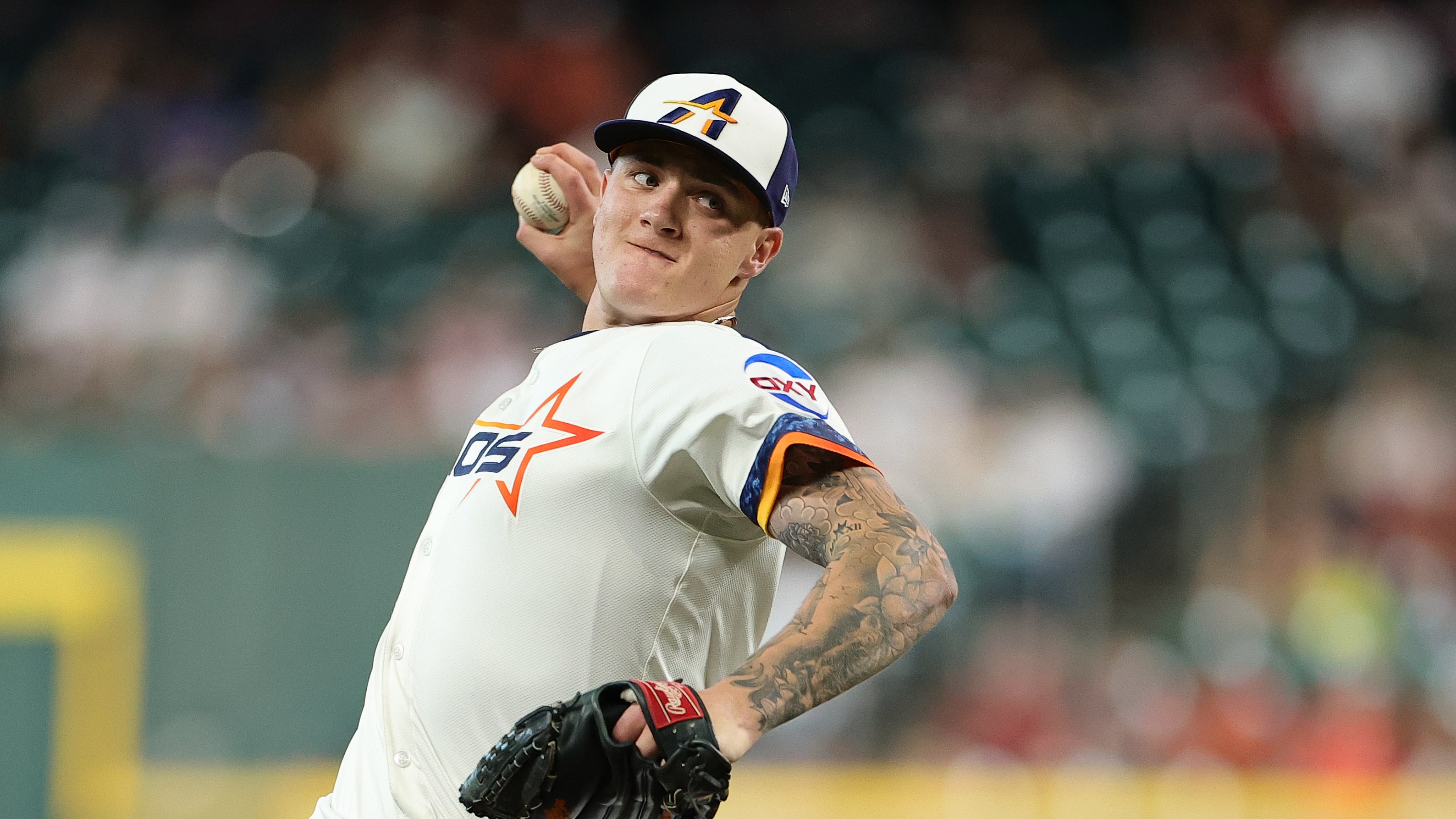 Astros right-hander Hunter Brown delivers a pitch