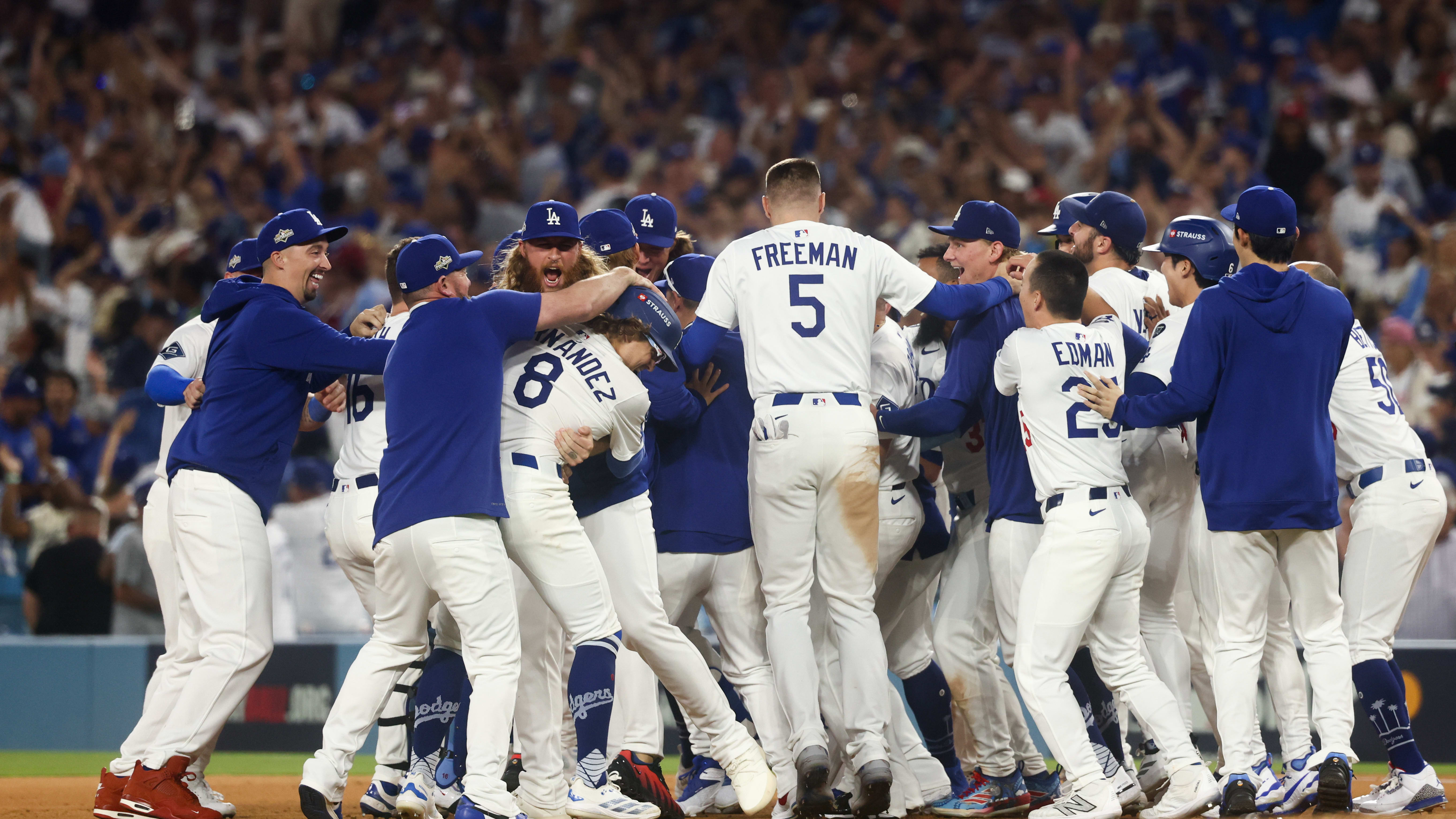 The Dodgers celebrate after winning the NLDS