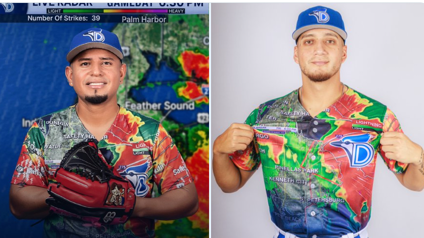 Dunedin Blue Jays players show off new jerseys with weather radar on them