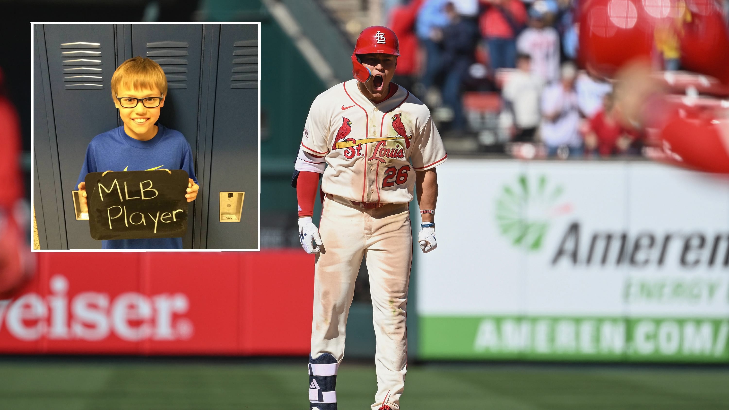 JJ Wetherholt celebrates a big hit, with an inset of a childhood photo holding a sign that says MLB player