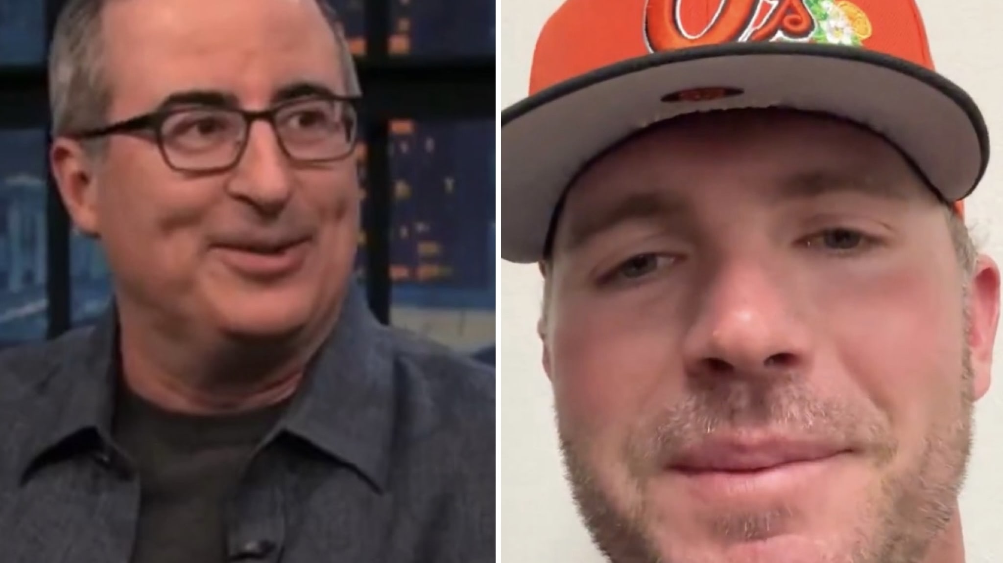 Video screengrabs of John Oliver and Pete Alonso