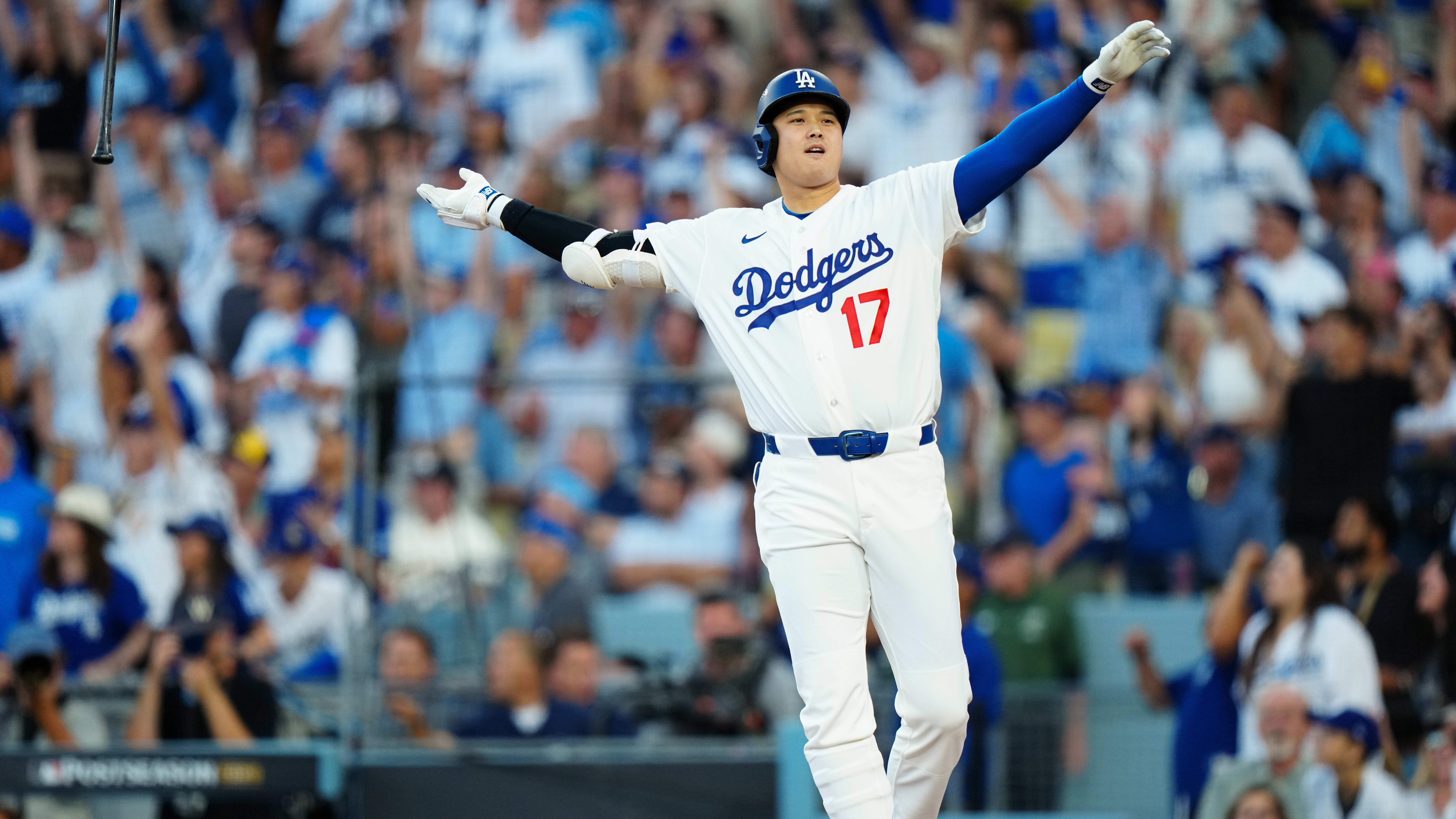 Shohei Ohtani drops his bat after his Game 4 home run