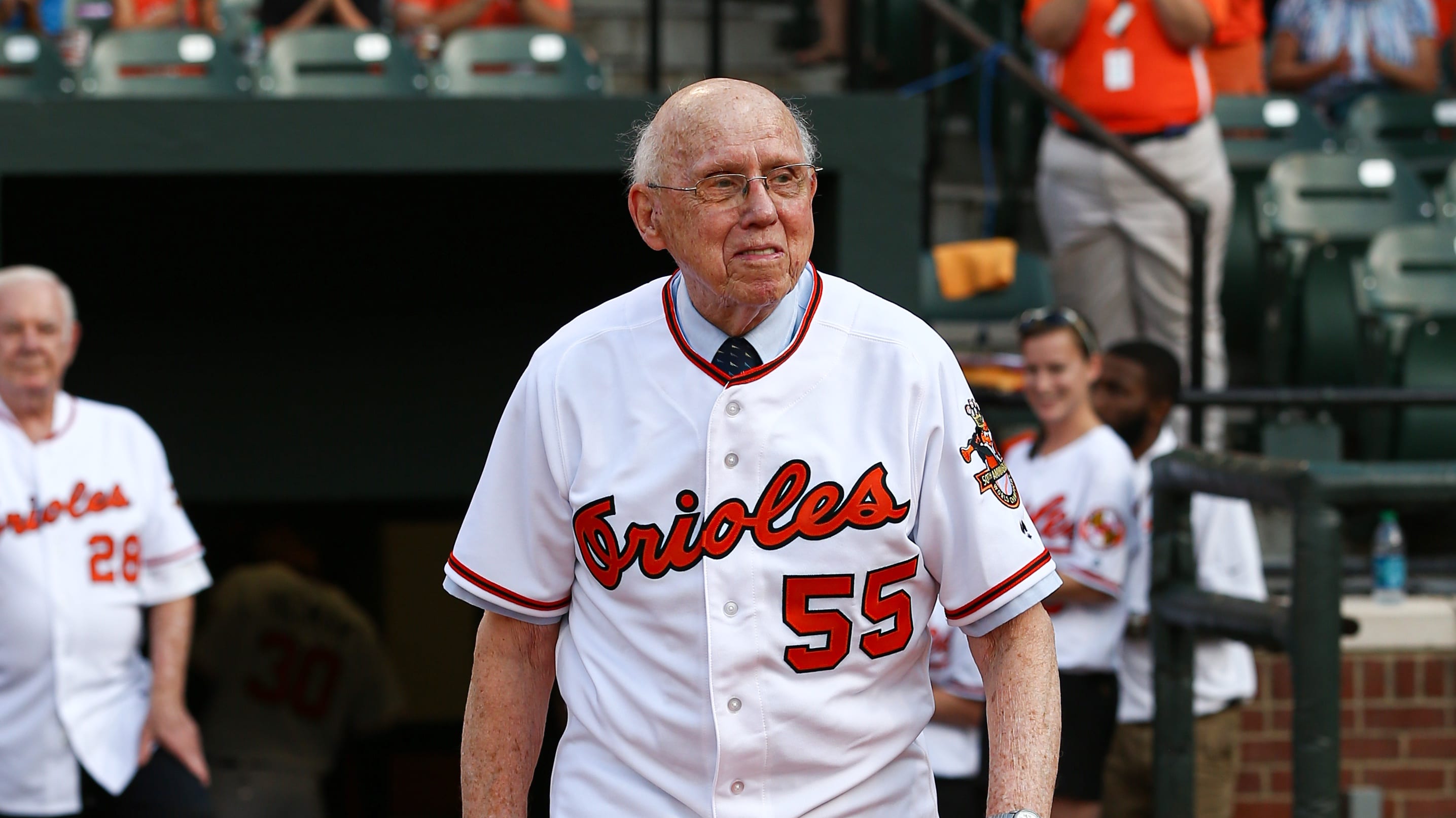 Bill Hunter in an Orioles jersey at a ballpark reunion
