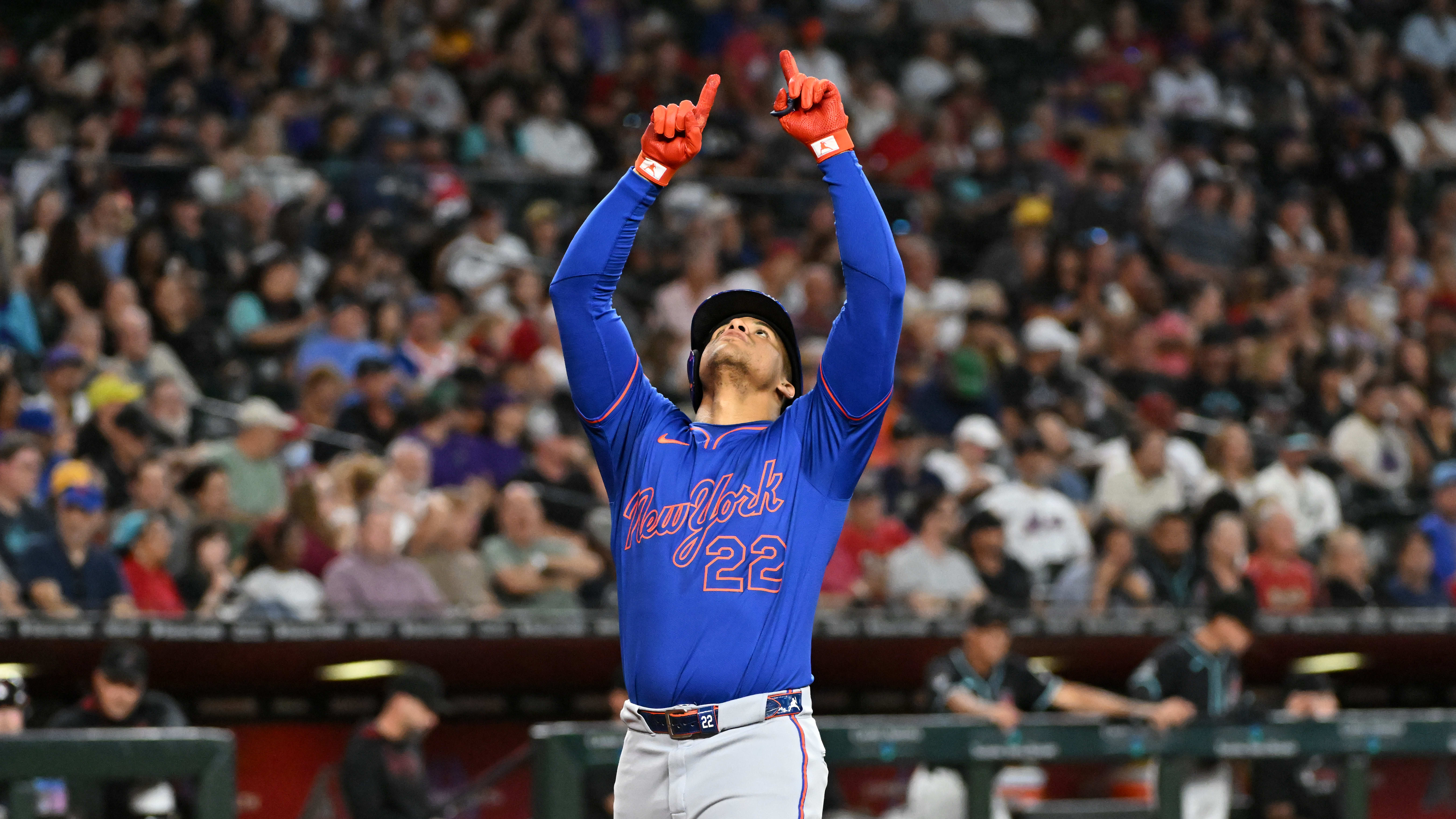 Juan Soto points to the sky after hitting a home run