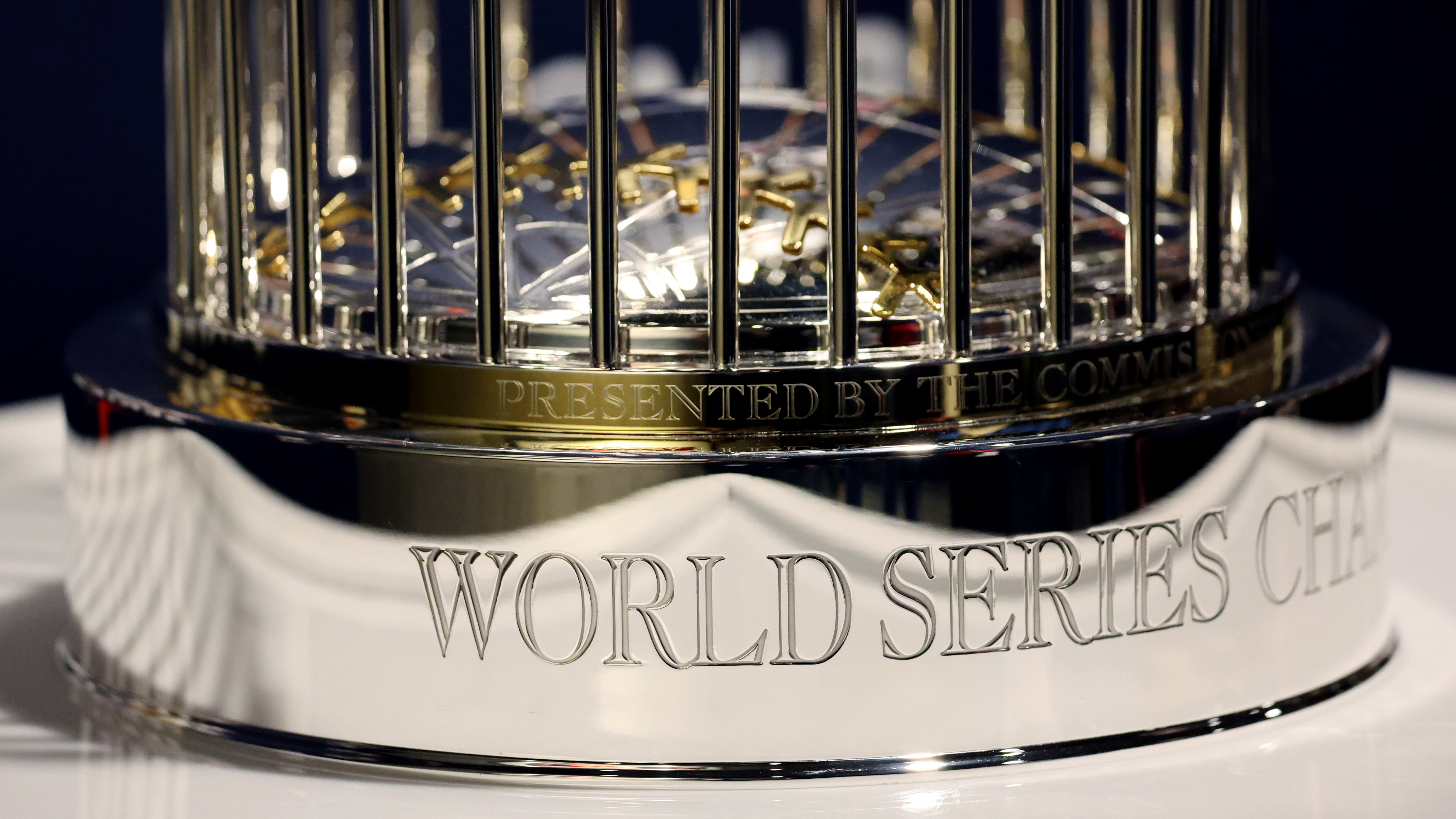 A closeup of the base of the World Series trophy