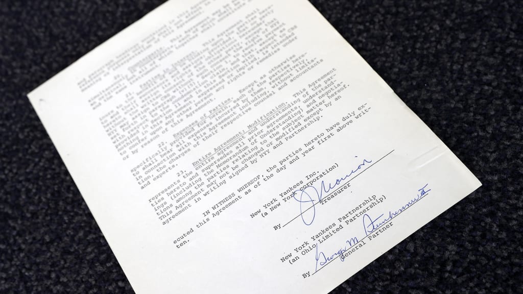 When George Steinbrenner inked his name to the purchase agreement above in 1973, no one could have imagined the seismic impact it would have. A half century later, it is one of the most significant documents in Yankees lore, on par with the contract that transferred Babe Ruth from Boston to New York. Had Steinbrenner’s original plan to buy the New England Patriots come to fruition, history would look much different. (Photo Credit: New York Yankees)