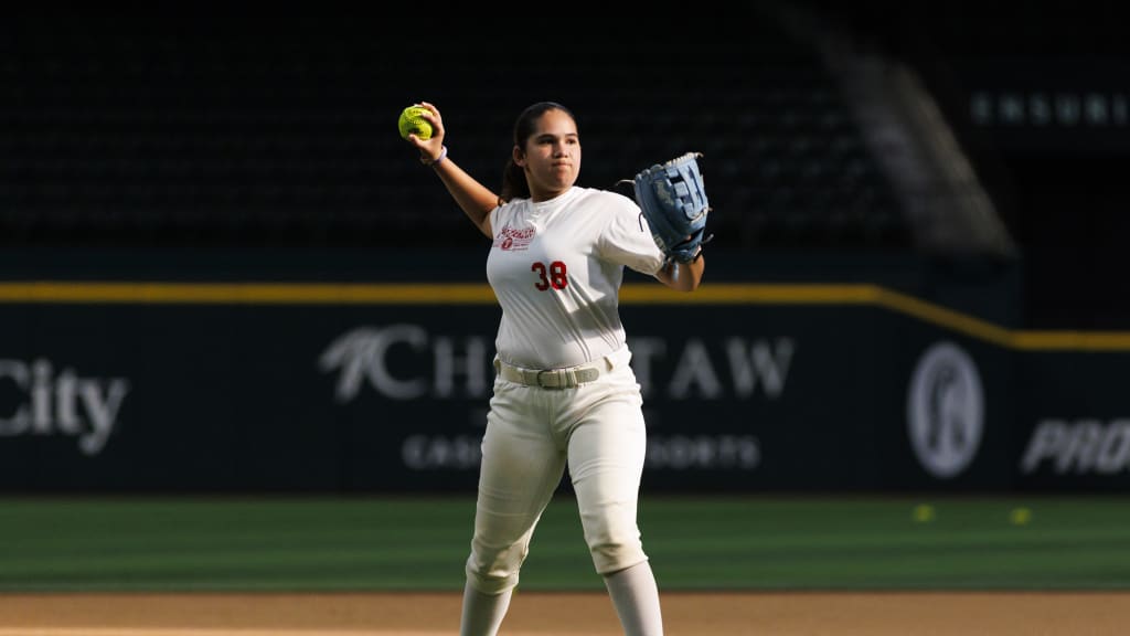 Texas Rangers Youth Academy athlete and Mansfield Timberview softball player Mariana Crane at the Dairy Max Baseball & Softball Showcase presented by Five Tool at Globe Life Field.
