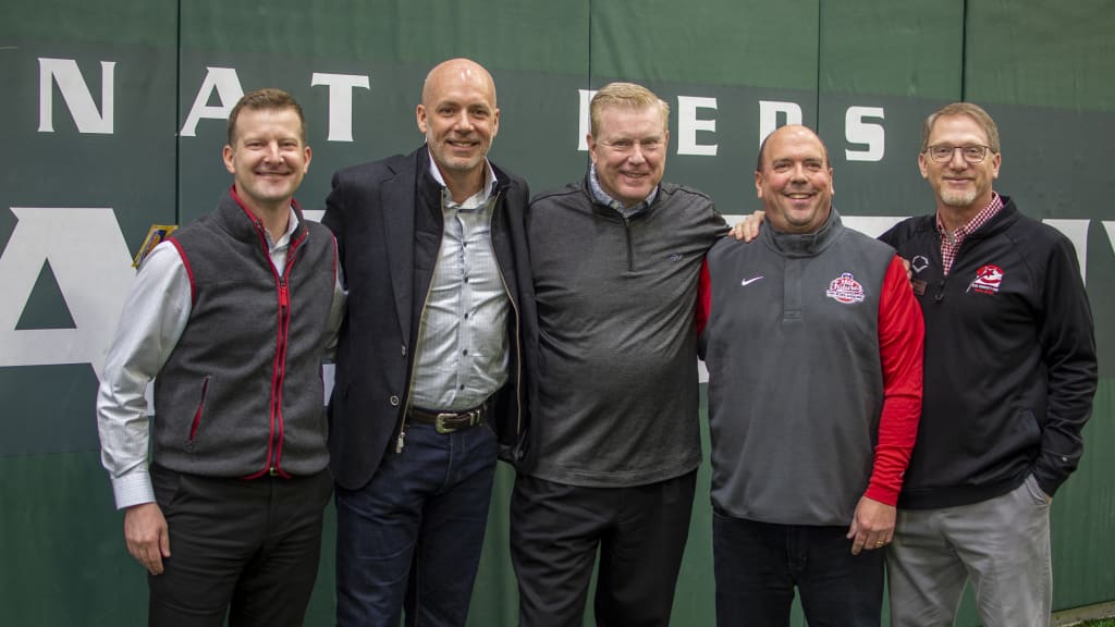 FOX19 sports reporter Joe Danneman, Reds TV broadcaster Brian Giesenschlag, WLWT Sports Director George Vogel, In-Game Sports President and High School Showcase organizer Tom Gamble and Executive Director of the Reds Community Fund Charley Frank were on hand.