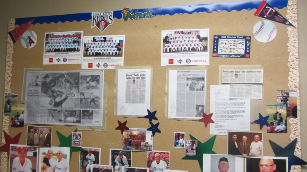 A bulletin board located near the entrance to Roady’s ballpark apartment, circa 2015.