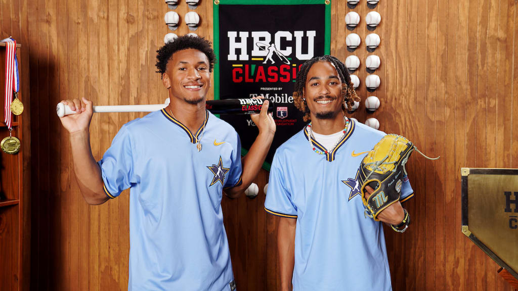 Jalon Mack and Nick Luckett of Southern University poses for a photo during the 2025 HBCU Swingman Classic player photo shoot at The Westin Buckhead Atlanta on Thursday. (Photo by Kyrease Desseau/MLB Photos via Getty Images)