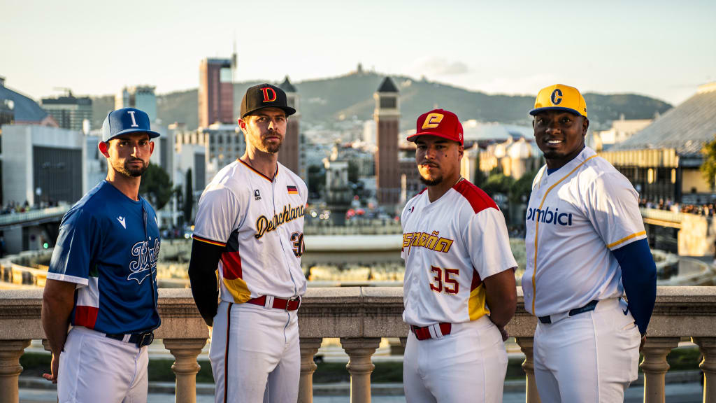 Team captains line up before the start of the Premier12 Qualifiers in Barcelona. From left: Alberto Mineo, Eric Brenk, Omar Hernandez and Jesus Marriaga. Photo courtesy WBSC.