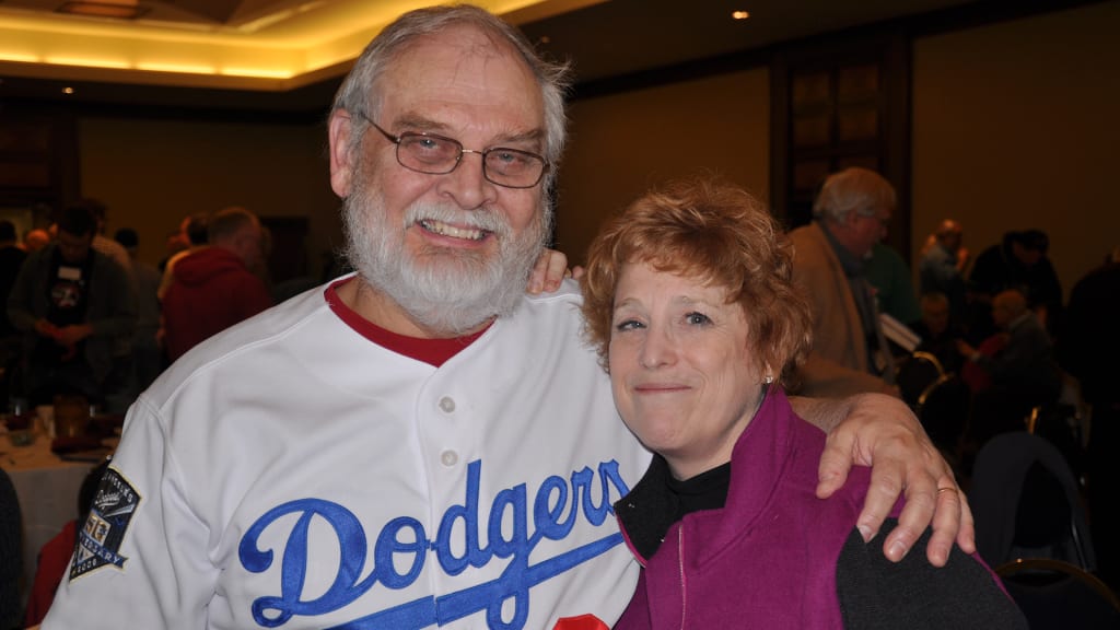 Smith with author Jane Leavy, who wrote a best-selling biography on Koufax in 2002. Smith provided research assistance on the book, which in turn brought Retrosheet even more attention. Smith's contributions included providing his nearly complete tape recording of Koufax's 1965 perfect game. The recording, which begins in the second inning, is believed to be the only existing audio account of nearly the entire game. (Courtesy: Dave Smith)