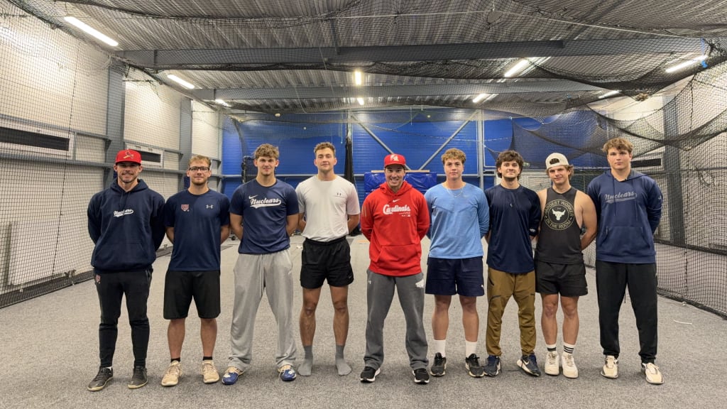 Paul Benoit, center, with the Třebíč Nuclears of the Czech Extraliga. At the far left is Alex Derhak, hitting coach for the Czech national baseball team, and Marek Krejčiřík, who was on the 2023 and '26 WBC teams.