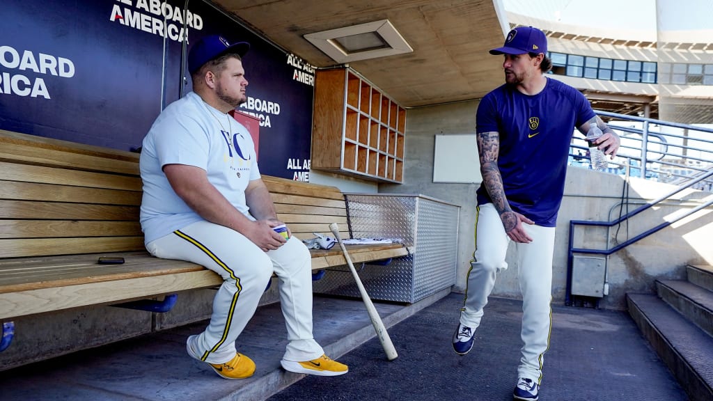 New Brewers hitting coach Daniel Vogelbach (left) with Brice Turang. (photo via Andrew Gruman)
