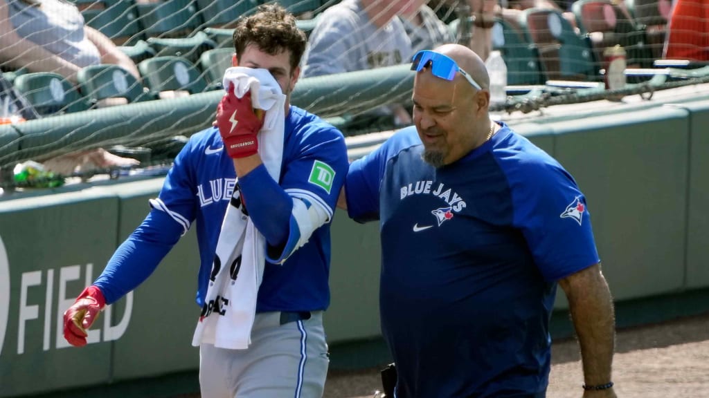 Ernie Clement walks off the field after being hit in the face with a fastball during a March 3 game vs. Detroit. (AP)