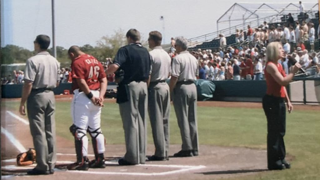 Melissa Hughes singing "The Star-Spangled Banner" before an Astros' Spring Training game in Kissimmee, Fla.