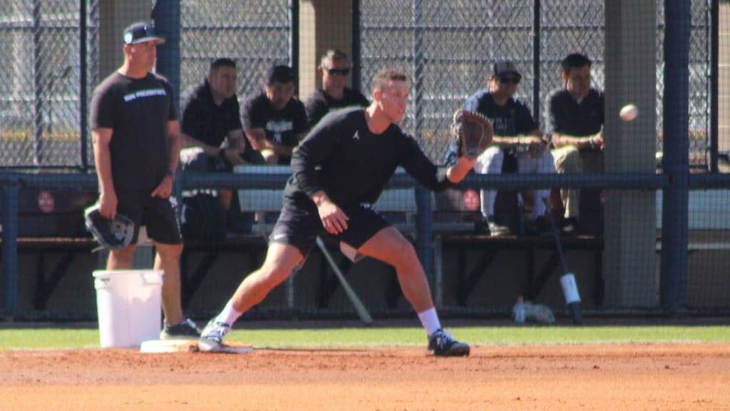 Aaron Judge works out at first base