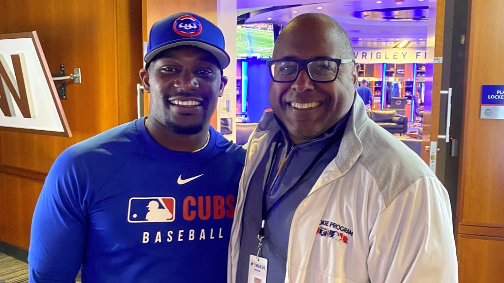 AJ Lewis (left) with Tyrone Brooks in the Cubs' clubhouse. (photo via Tyrone Brooks)